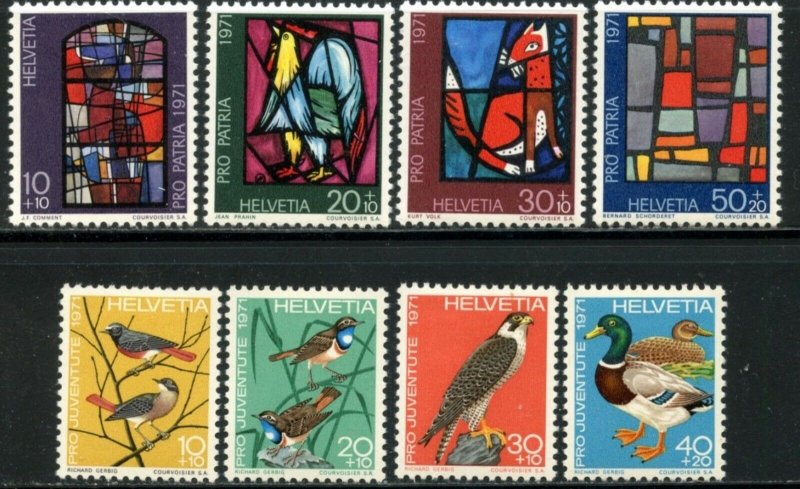 SWITZERLAND Sc#B398-B405 1971 Stained Glass & Birds Two Complete Sets Mint NH