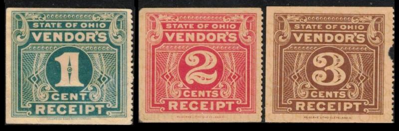 UNITED STATES REVENUE VINTAGE STATE OF OHIO VENDOR'S TAX RECEIPT SET 3 OF STAMPS