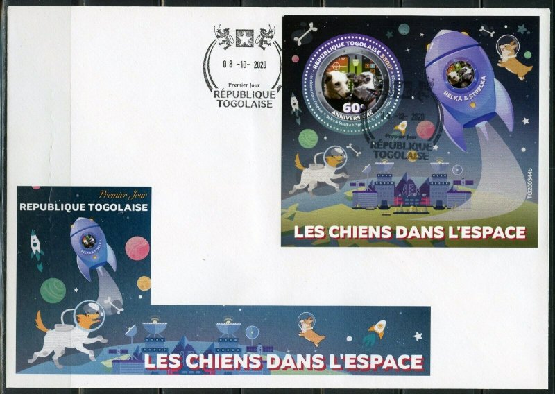 TOGO  2020  60th AN DOGS IN SPACE BELKA & STRELKA SOUVENIR SHEET FIRST DAY COVER