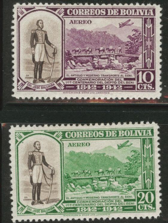 Bolivia Scott C91-92 MH* 1942 Airmail stamps CV$0.60