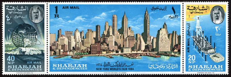 Sharjah Mi 87-89 mnh-dmg strp 1964 New York World's Fair (cond*)