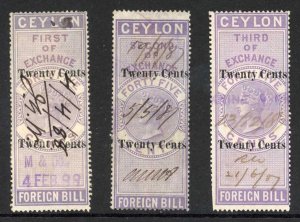 Ceylon Foreign Bill BF35 20c on 45c Violet 1st 2nd and 3rd Exchange