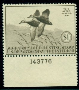 US #RW7 $1.00 Black Mallards scarce Plate No Single LH VF