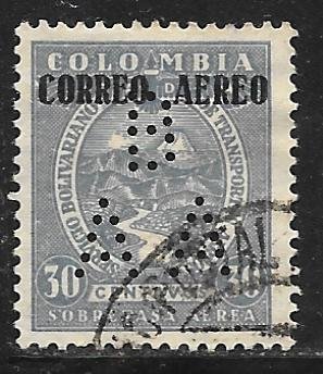 Columbia C87: 30c Magdalena River, Tolima Volcano O/P, perfin, used, F-VF