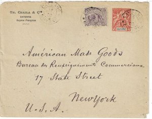 French Guiana 1906 Cayenne cancel on cover to the U.S., Scott 38, 59