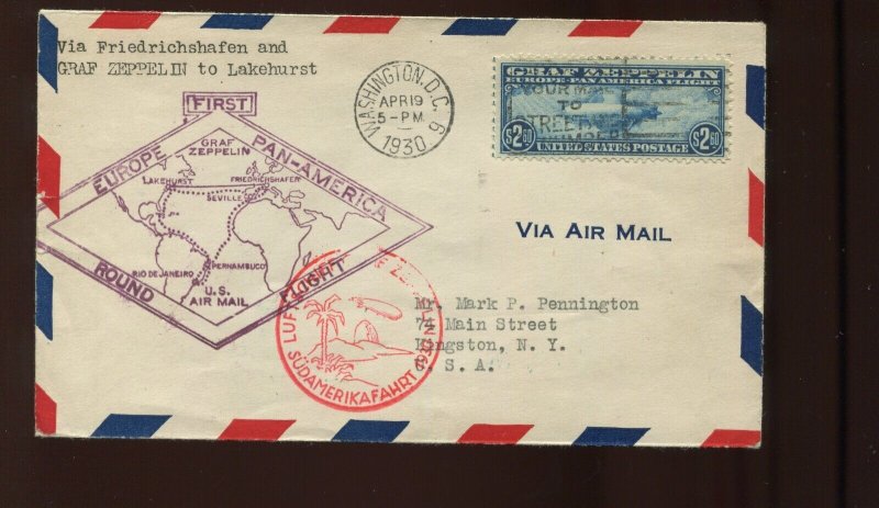 C15 Graf Zeppelin APRIL 19 1930 First Day Cover to Kingston New York (Cv 990)