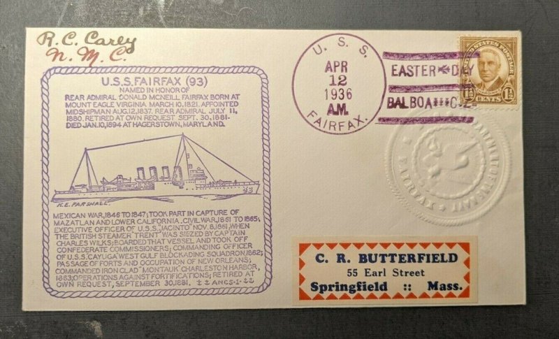 1936 USS Fairfax Navy Cover to Springfield MA Easter Day Balboa CZ Cancel