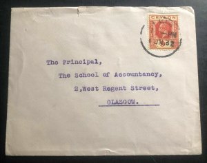 1932 Ceylon cover To School Of Accountancy Glasgow Scotland