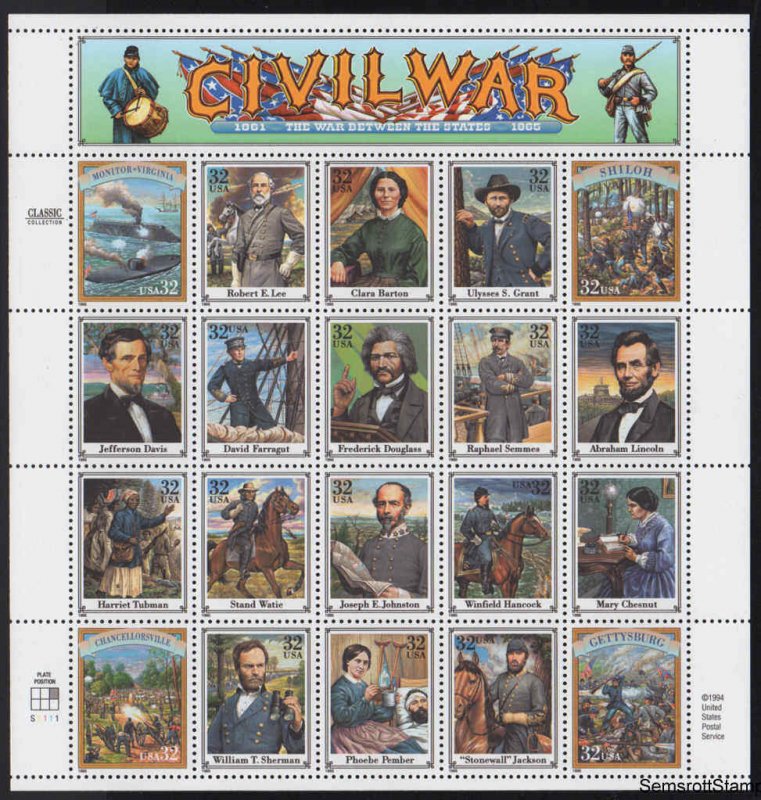 Civil War Sc 2975 32¢ Sheet of 20 Lincoln David Sherman Gettysburg Robert E Lee 