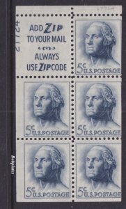 BOBPLATES #1213a Washington Booklet Pane Upper Left 27724 55% MintNH DCV=$50