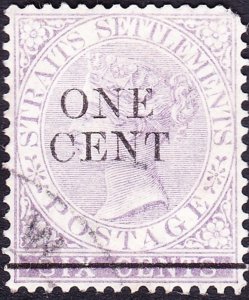 MALAYA STRAITS SETTLEMENTS 1892 QV 1c on 6c Lilac SG90 Used