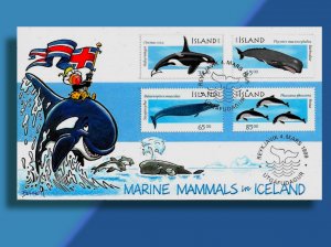 Sextet of Happy Whales Cavorts on Iceland Set if Marine Mammals FDC from 1999.
