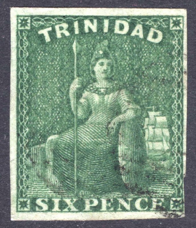 Trinidad 1859 6d Deep Green Imperf White pap. SG 28 Scott 16 VFU Cat £425($552)