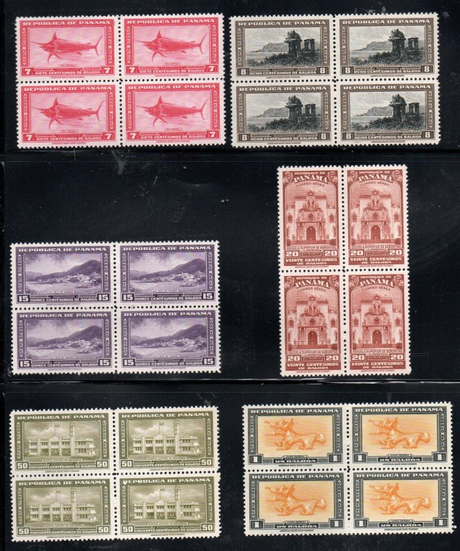 Panama C74-C79 Set Mint hinged. Blocks of four