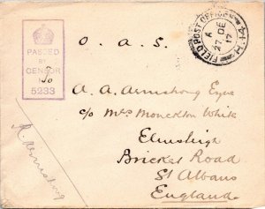 UK 1917 Field Post Office to England Censor - A787