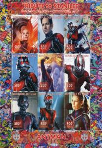 Chad 2018 CTO Superheroes Stamps Antman Stan Lee Comics Movies 9v M/S