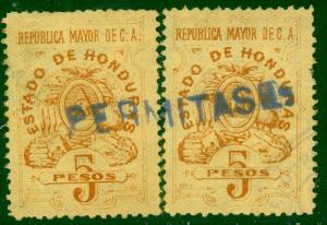 HONDURAS 1903 5p Henna Documentary Revenue x2 showing Complete PERMITASE Control