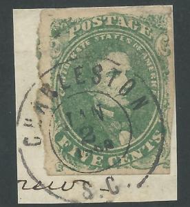 CSA Scott #1 Stone 2 Pos 32 Used Confederate Stamp on Piece Charleston, SC CDS