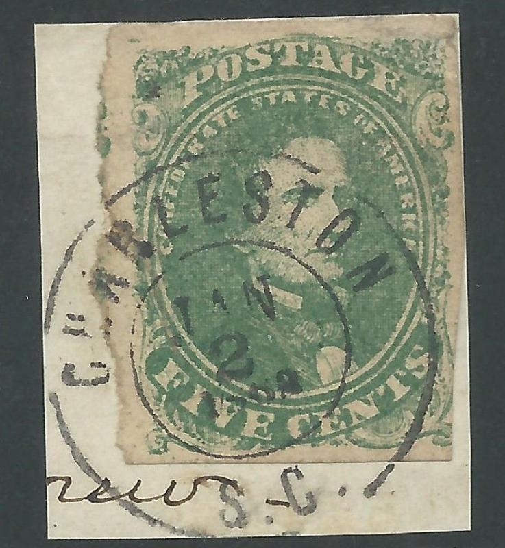 CSA Scott #1 Stone 2 Pos 32 Used Confederate Stamp on Piece Charleston, SC CDS