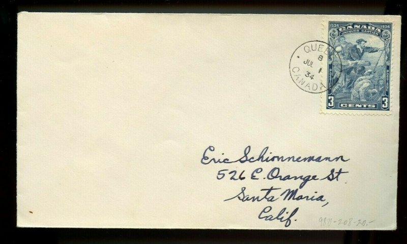 1934 FDC First Day Cover 3c Jacques Cartier #208 Ottawa Ont to Ont. Canada