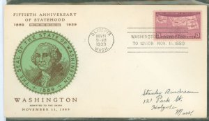 US 858 1939 3c Fiftieth Anniversary of Washington Statehood (single) on an addressed FDC with a Linprint cachet + Olympa, WA can