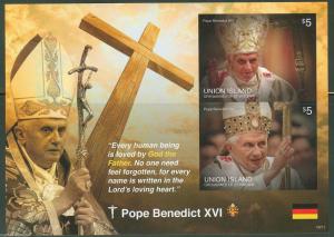 UNION ISLAND  2014 POPE BENEDICT XVI SOUVENIR SHEET  II  IMPERFORATE MINT NH