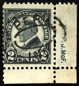 U.S. Used Stamp Scott #610 2c Harding Corner Sheet Margin. Printers Initials.