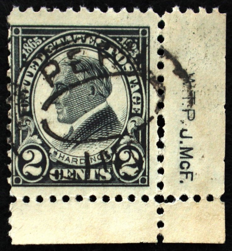 U.S. Used Stamp Scott #610 2c Harding Corner Sheet Margin. Printers Initials.