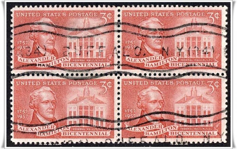 ♦SC#1086 3¢ Alexander Hamilton Block of Four (Used)