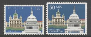 US & Switzerland 1991 #2532 & #888 Joint Issues Stamps MNH