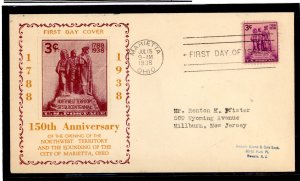 US 837 (1938) 3 cent Northwest Territory/150th Anniversary (single) on an addressed First Day cover with a cachet from an unknow