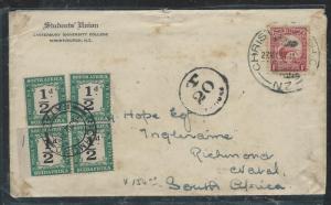 SOUTH AFRICA (P0604B) 1937 INCOMING FROM NEW ZEALAND POSTAGE DUE 1/2D BL OF 4