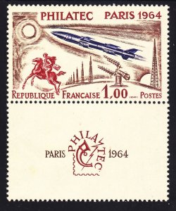 France 1100 MNH OG 1fr PARIS PHILASTEC 1964 W/Label on Bottom Issue Very Fine