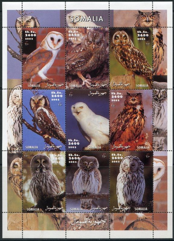 SOMALIA 2002 OWLS SHEET OF NINE  MINT  NH