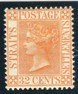 MALAYA STRAITS SETTLEMENTS-1883-91 32c Orange Vermilion INVERTED WMK MM Sg 70w