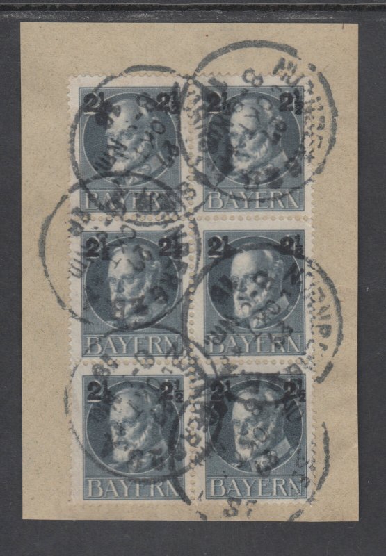 Bavaria Sc 115, Mi 111A used 1916 2½pf on 2pf gray Block of 6 on piece