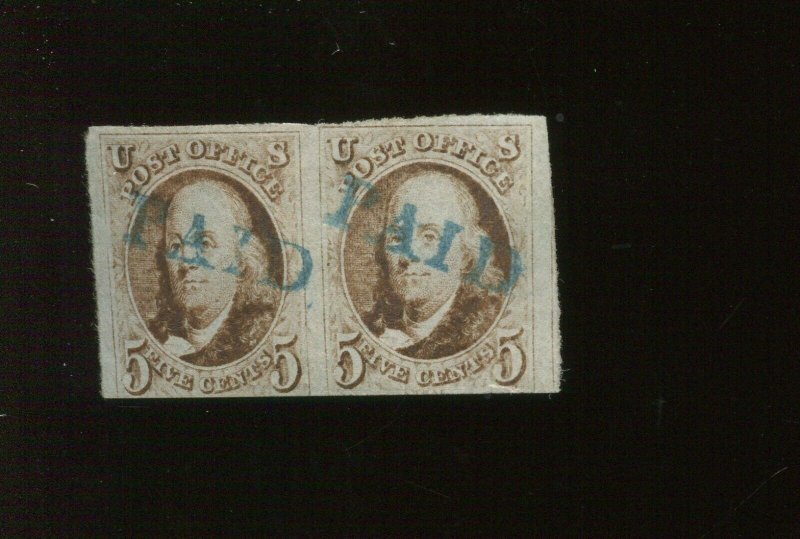 1 Franklin Used Pair of Stamps with Nice Blue Paid Cancel PF Cert (Bz 552)