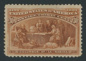 USA 239 - 30 cent Columbian - F/VF Mint-h Jumbo Cat $225.00 dist gum tiny thin