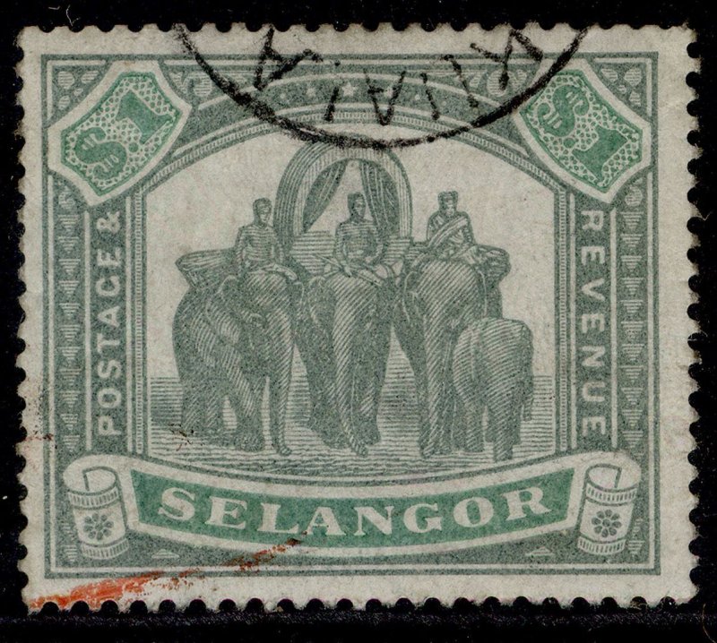 MALAYSIA - Selangor QV SG61, $1 green & yellow-green, FINE USED. Cat £180. CDS