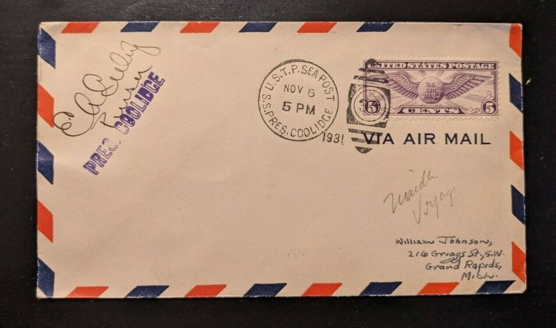 1931 SS President Coolidge USTP Sea Post Airmail Cover to Grand Rapids MI