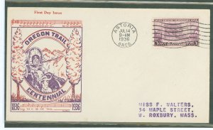 US 783 1936 3c Oregon Territory/100th anniv on an addressed FDC with a Top Notch cachet and an Astoria, Oregon cancel
