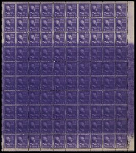 807, MNH 3¢ Heavy Over Inking Freak Error - Sheet of 100 Stamps - Stuart Katz