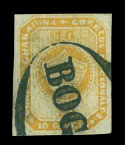 COLOMBIA 1860  Coat of Arms 10c yellow brown Scott # 11 used VF BOGOTA cancel