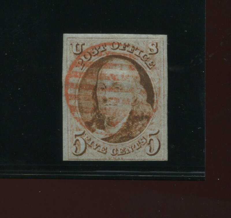 Scott 1 Franklin Imperf Used Stamp with Nice Cancel (Stock 1-A15)