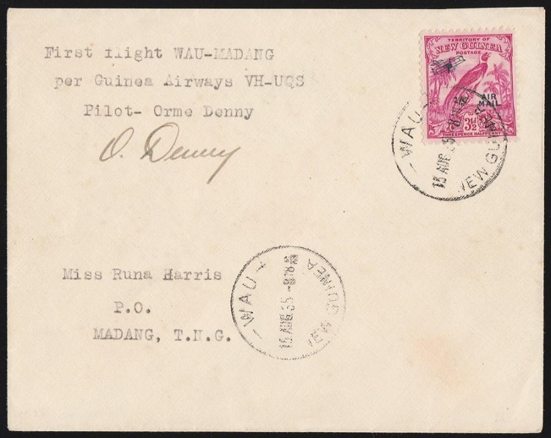 NEW GUINEA 1935 Wau-Madang First Flight Cover . Signed by Pilot . ONLY 70 FLOWN!