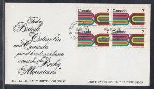 Canada Scott 552 Blk 4FDC - British Columbia Centennial