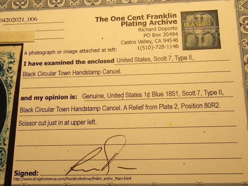 US Stamps Scott #7, Used, SCV $150.00 for: A Relief from PLATE 2, w/Certificate,