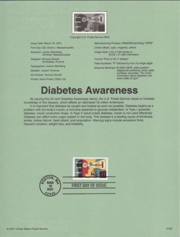 US SP1401 Diabetes Awareness 3503 Souvenir Page