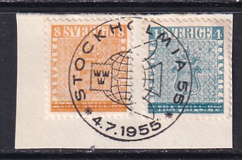 Sweden 1855 Sc 480, 482 on Piece Cancel CDS Dated 4.7.1955 Stockholmia Stamp U