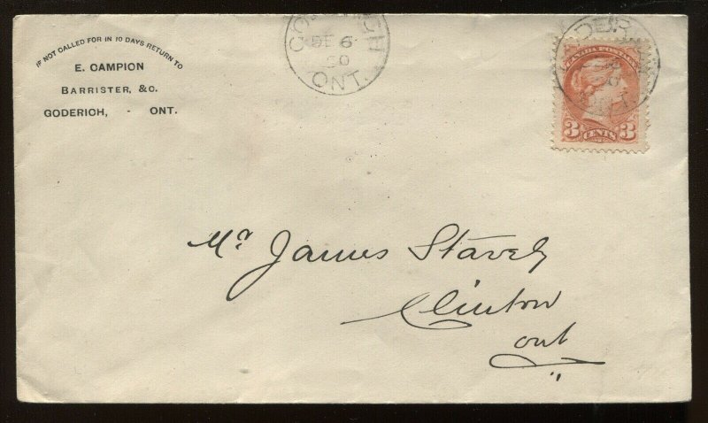 Canada 3 Cent Small Queen on 1890 cacheted Goderich ON cover to Clinton